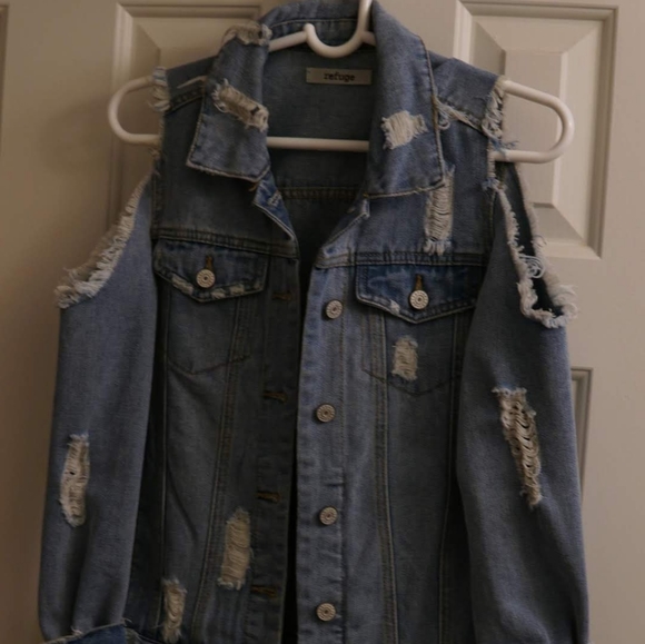 Open shoulder distressed denim jacket-worn once - Picture 5 of 6